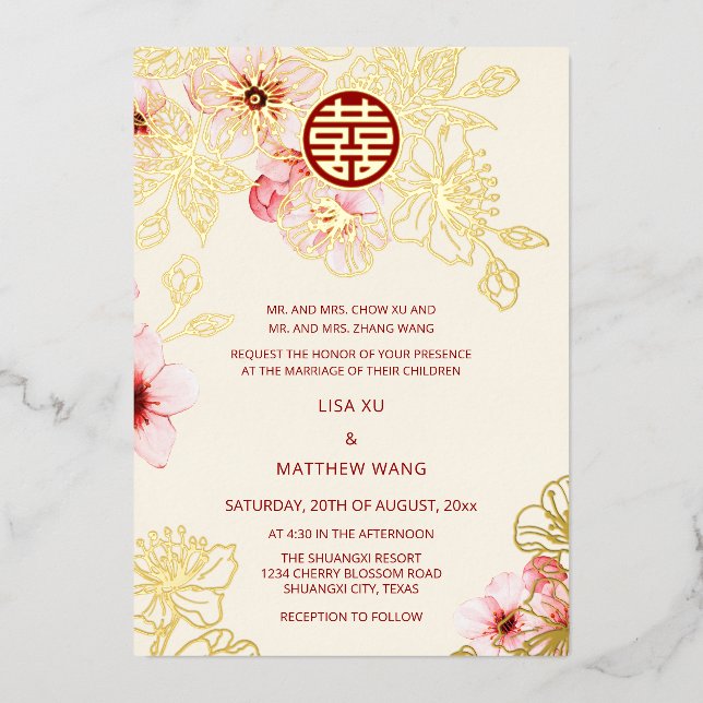 Red Gold  Pink Cherry Blossom Chinese Wedding Foil Invitation (Front)