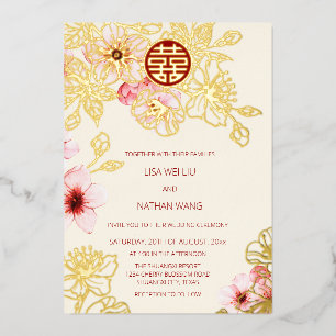 Red Gold  Pink Cherry Blossom Chinese Wedding Foil Invitation