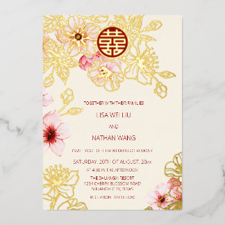 Red Gold Pink Cherry Blossom Chinese Wedding Foil Invitation