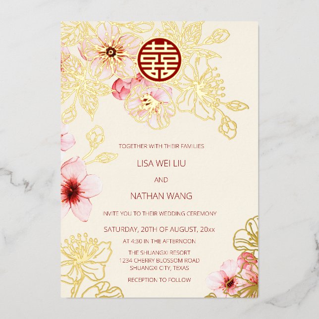 Red Gold  Pink Cherry Blossom Chinese Wedding Foil Invitation (Front)