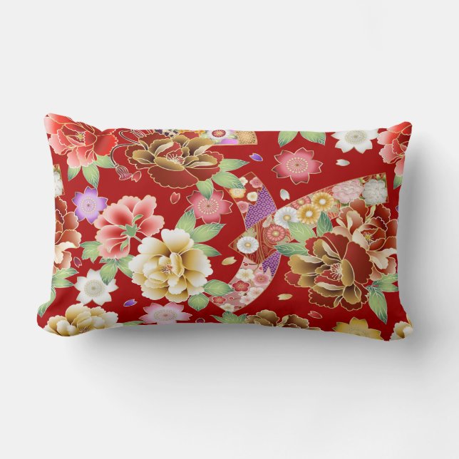 Red Gold Pink Floral Abstract Asian Lumbar Pillow (Front)