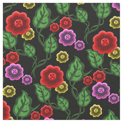 Red/gold/pink flowers/green leaves/Folk/black Fabric