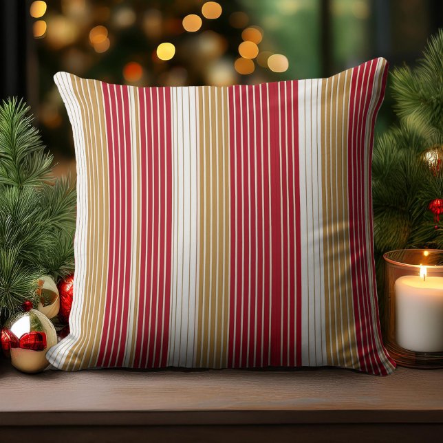 Red Gold Pinstripe Christmas Pattern#28 ID1009 Throw Pillow (Creator Uploaded)