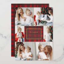 Red Gold Plaid 6 Photos Collage Christmas Foil Holiday Card