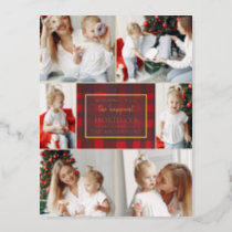 Red Gold Plaid 6 Photos Collage Christmas Foil Holiday Postcard
