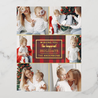 Red Gold Plaid 6 Photos Collage Christmas Foil Holiday Postcard