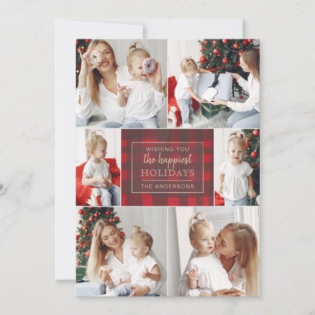 Red Gold Plaid 6 Photos Collage christmas Holiday Card (Front)