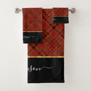 Red Gold Plaid Christmas Tartan Personalized Bath Towel Set