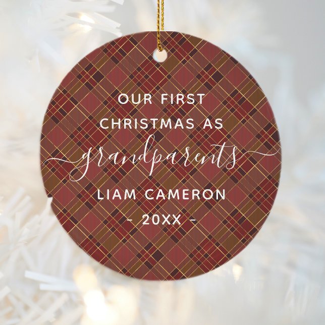 Red Gold Plaid Grandparents 1st Christmas Photo Ceramic Ornament (Creator Uploaded)