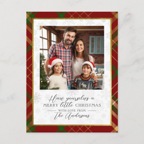 Red  Gold Plaid  Merry Little Christmas Photo Holiday Postcard