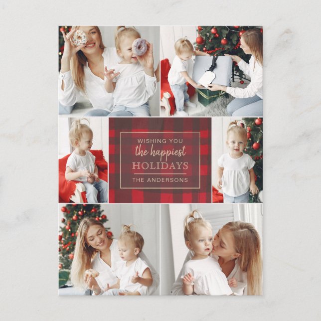 Red Gold Plaid Non Traditional Photo Collage Holiday Postcard (Front)