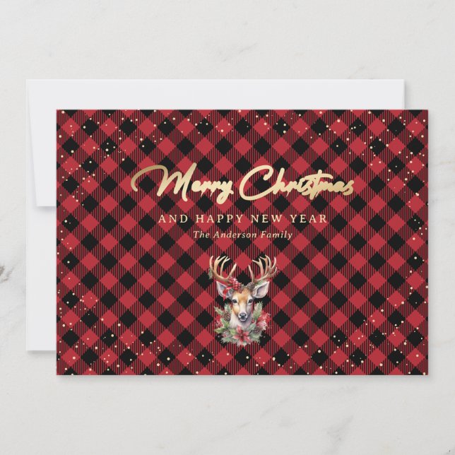 Red Gold Plaid Reindeer Snow Merry Christmas Holiday Card (Front)