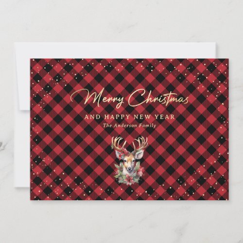 Red Gold Plaid Reindeer Snow Merry Christmas Holiday Card