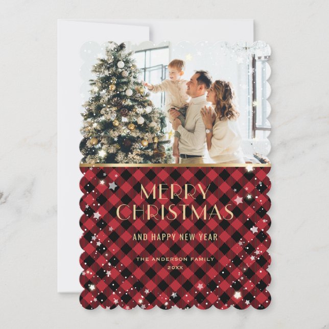 Red Gold Plaid Snow Photo Merry Christmas Card (Front)