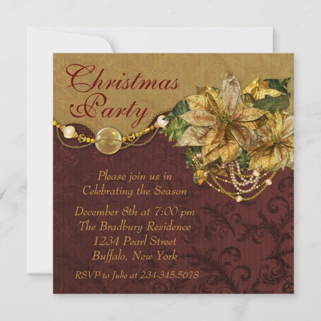 Red Gold Poinsettia Christmas Party Invitation (Front)