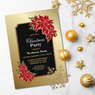 Red Gold Poinsettia Christmas Party Invitation