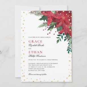 Red Gold Poinsettia Floral Christmas Wedding Invitation