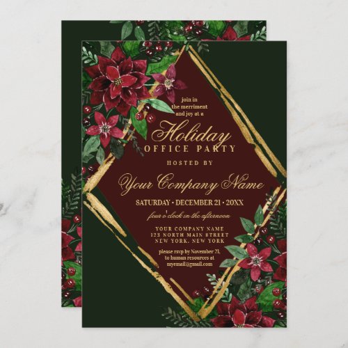 Red Gold Poinsettia Floral Corporate Holiday Party Invitation