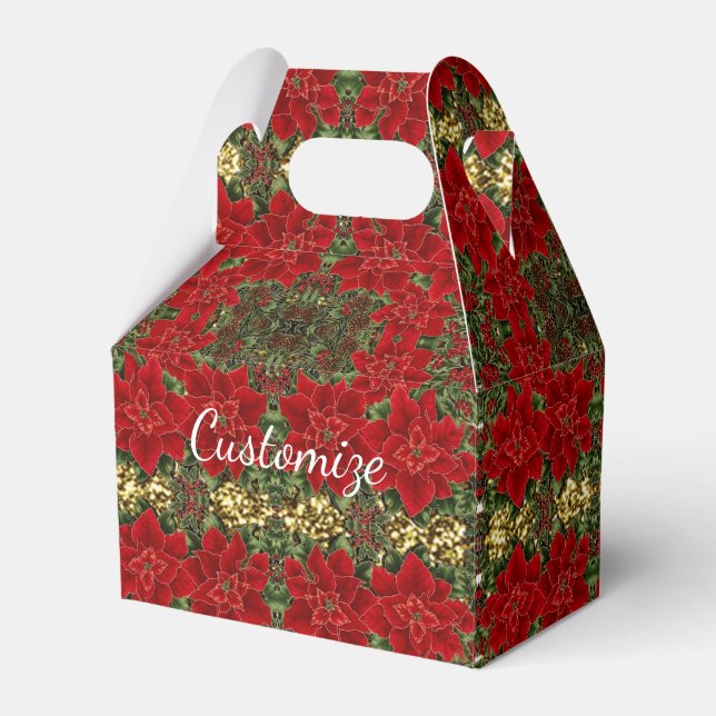 Red & Gold Poinsettia Pattern Gable Favor Box (Front Side)