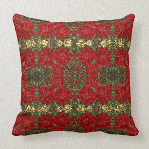 Red & Gold Poinsettia Pattern Throw Pillow