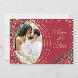 Red Gold Poinsettia Photo Christmas Wedding Save The Date