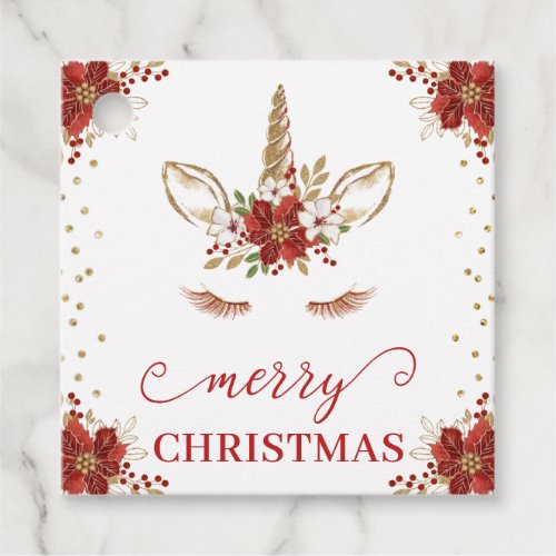 Red  Gold Poinsettia Unicorn Face Merry Christmas Favor Tags