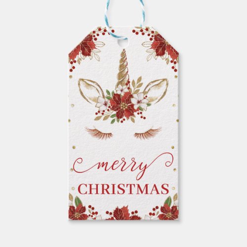 Red  Gold Poinsettia Unicorn Face Merry Christmas Gift Tags