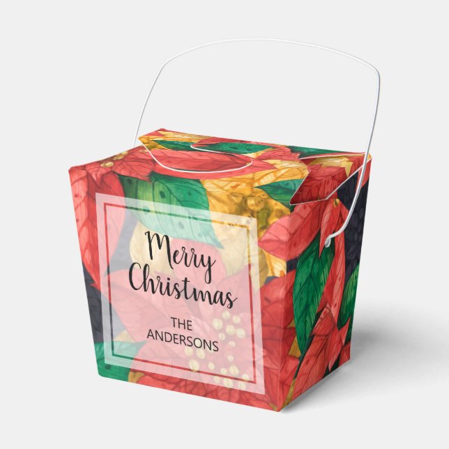 Red Gold Poinsettias Christmas Holiday Take Out Favor Boxes (Front Side)