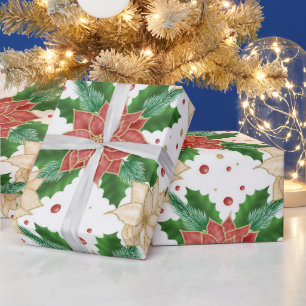 RED & GOLD POINTSETTIA CHRISTMAS BLOOMS WRAPPING PAPER