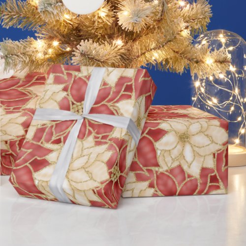 RED  GOLD POINTSETTIA CHRISTMAS BLOOMS WRAPPING PAPER