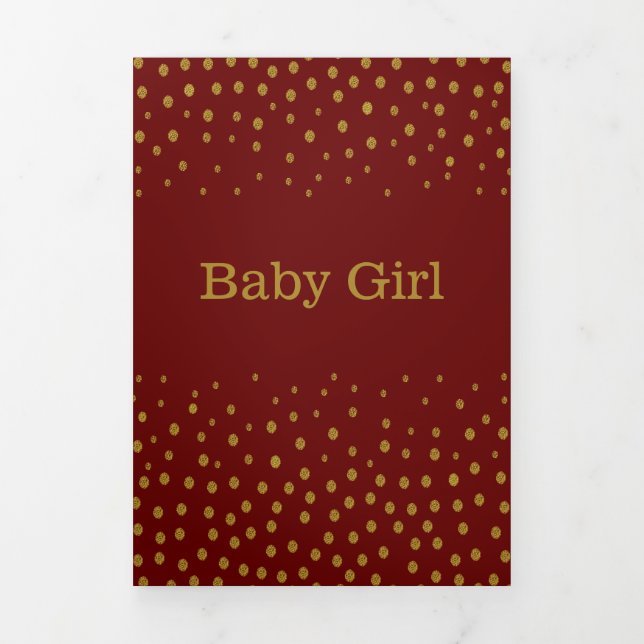 Red & Gold Polka Dot, 3 Photo Collage Baby Birth Tri-Fold Announcement (Cover)