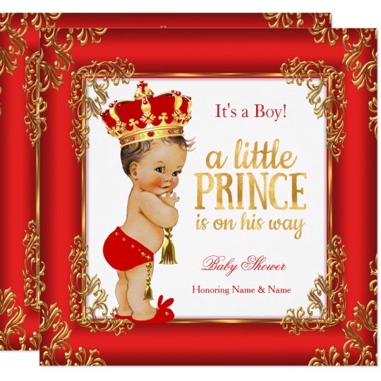 Red Gold Prince Baby Shower Damask Brunette Boy Invitation