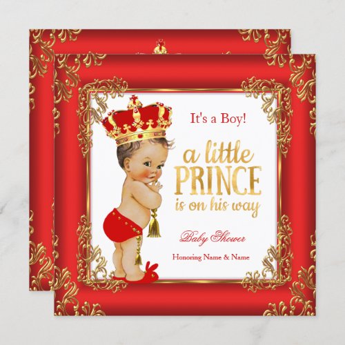 Red Gold Prince Baby Shower Damask Brunette Boy Invitation