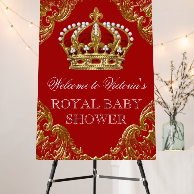 Red Gold Prince Baby Shower Welcome Sign (In Situ (Stand))