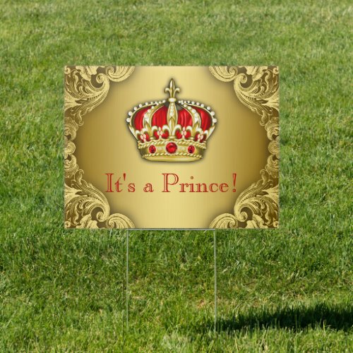 Red Gold Prince Crown Baby Shower Yard Sign