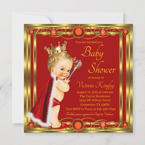 Red Gold Prince Jewel Baby Shower Invitation