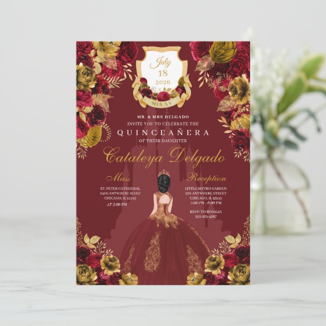 Red & Gold Princess Castle Quinceañera Invitation (Standing Front)
