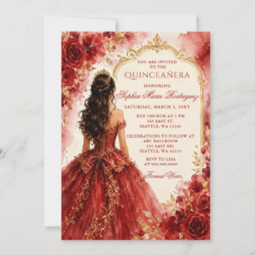 Red Gold Princess Floral Tiara Quinceañera Invitation