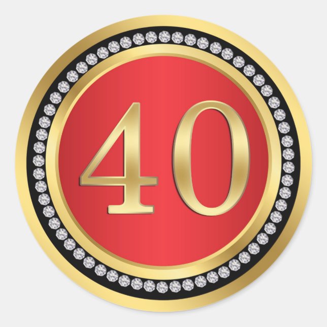 Red, gold, print diamonds 40th Wedding Anniversary Classic Round Sticker (Front)