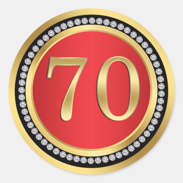 Red, gold, print diamonds 70th Birthday Classic Round Sticker (Front)