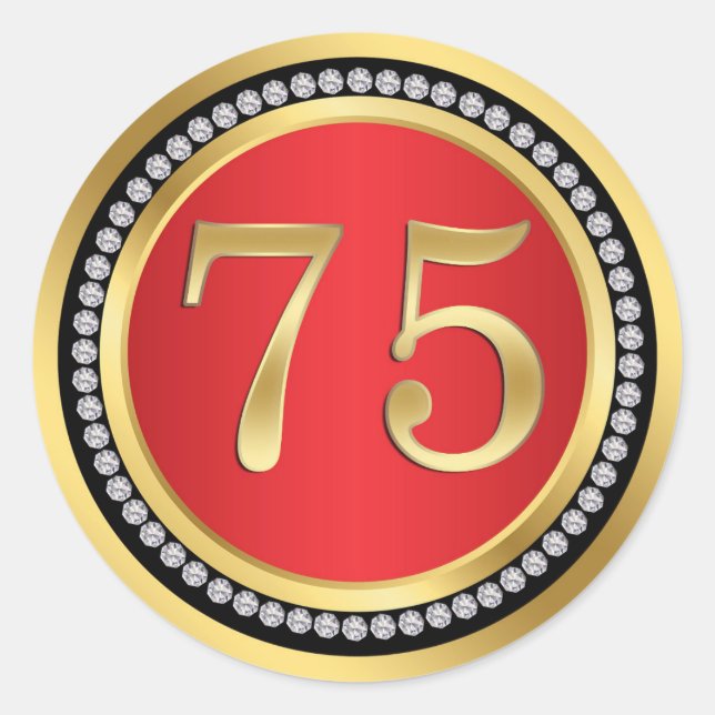 Red, gold, print diamonds 75th Wedding Anniversary Classic Round Sticker (Front)