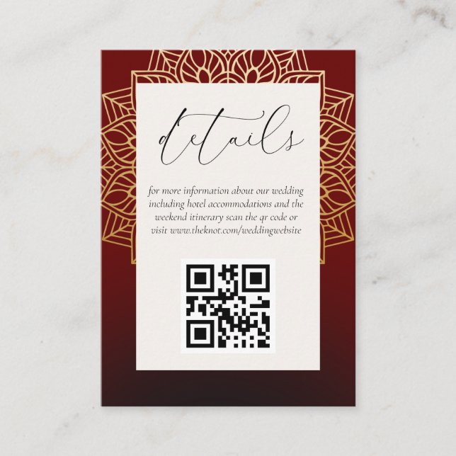 Red Gold QR Code Wedding Website Enclosure Card (Front)