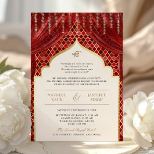 Red Gold Quatrefoil QR Code Sikh Wedding Invitation
