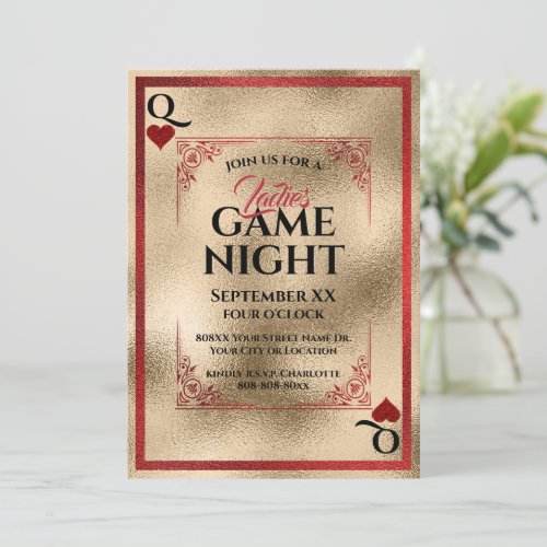 Red  Gold Queen of Hearts Ladies Game Night Invitation