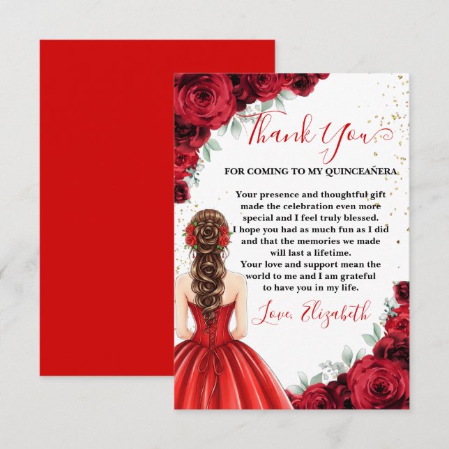 Red & Gold Quinceañera Custom Thank You Card (Front/Back)