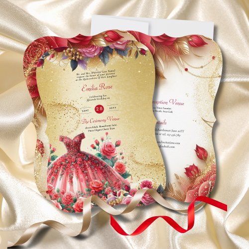 Red Gold Quinceanera Dress Ceremony Reception     Invitation