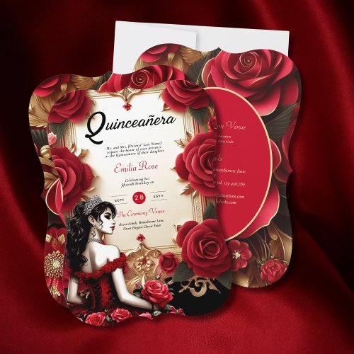 Red Gold Quinceanera Dress Ceremony Reception     Invitation
