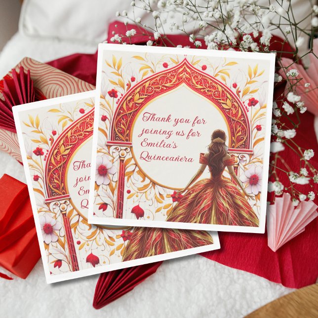 Red Gold Quinceañera Dress Custom Napkins (Creator Uploaded)