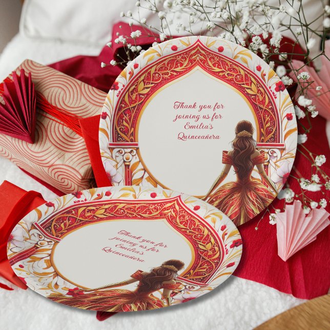 Red Gold Quinceañera Dress Custom Paper Plates (Creator Uploaded)