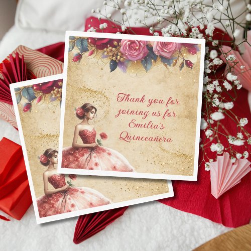 Red Gold Quinceaera Dress Event Partyware Custom Napkins